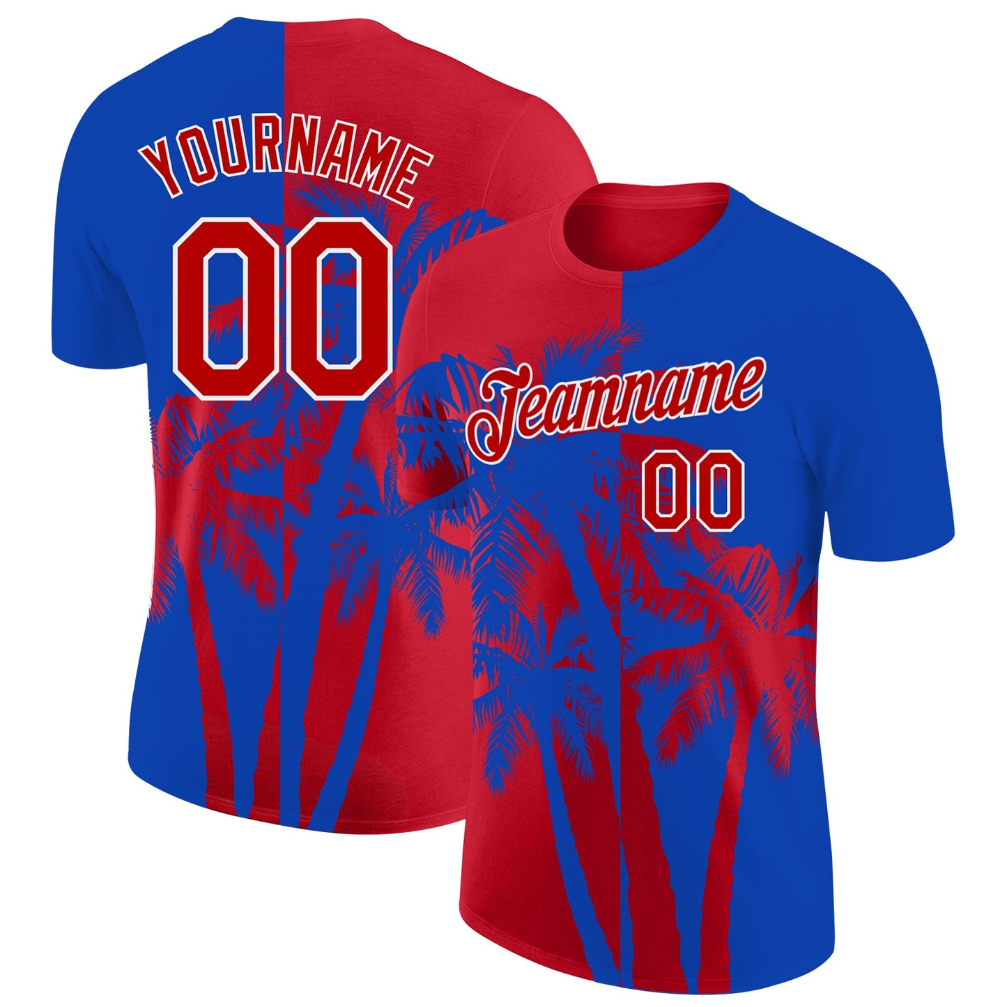 Custom Thunder Blue Red-White Hawaii Tropical Coastal Palm Trees Performance T-Shirt - Main View