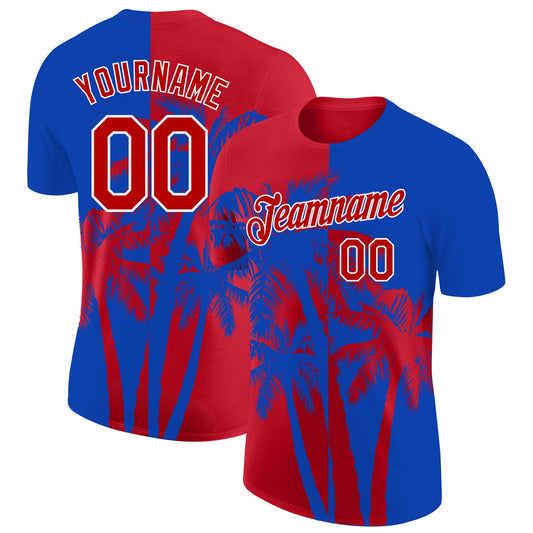 Custom Thunder Blue Red-White Hawaii Tropical Coastal Palm Trees Performance T-Shirt - Main View
