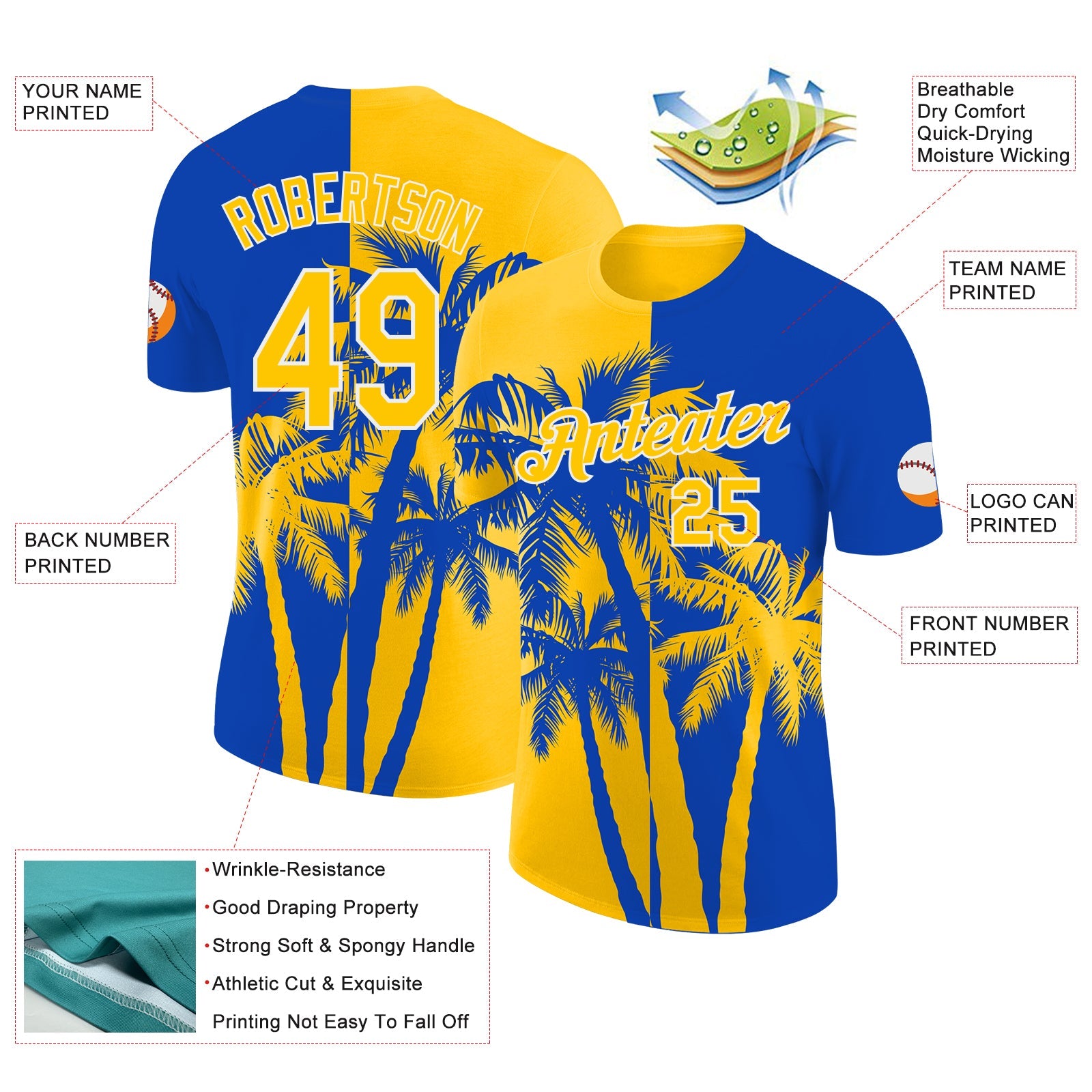 Custom Thunder Blue Yellow-White Hawaii Tropical Coastal Palm Trees Performance T-Shirt view 2