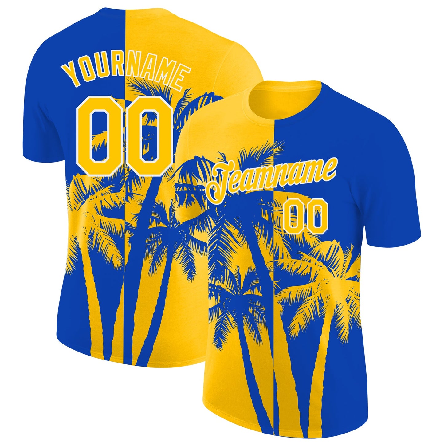 Custom Thunder Blue Yellow-White Hawaii Tropical Coastal Palm Trees Performance T-Shirt - Main View
