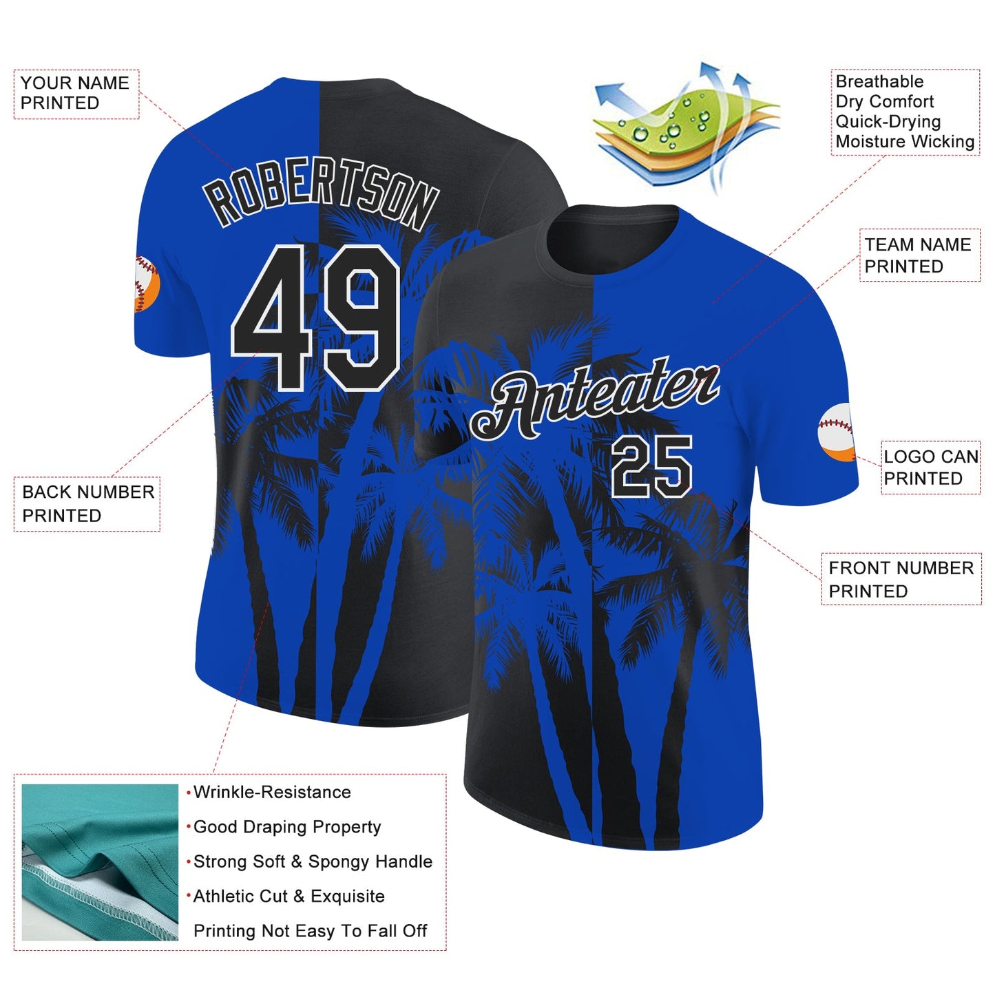 Custom Thunder Blue Black-White Hawaii Tropical Coastal Palm Trees Performance T-Shirt view 2