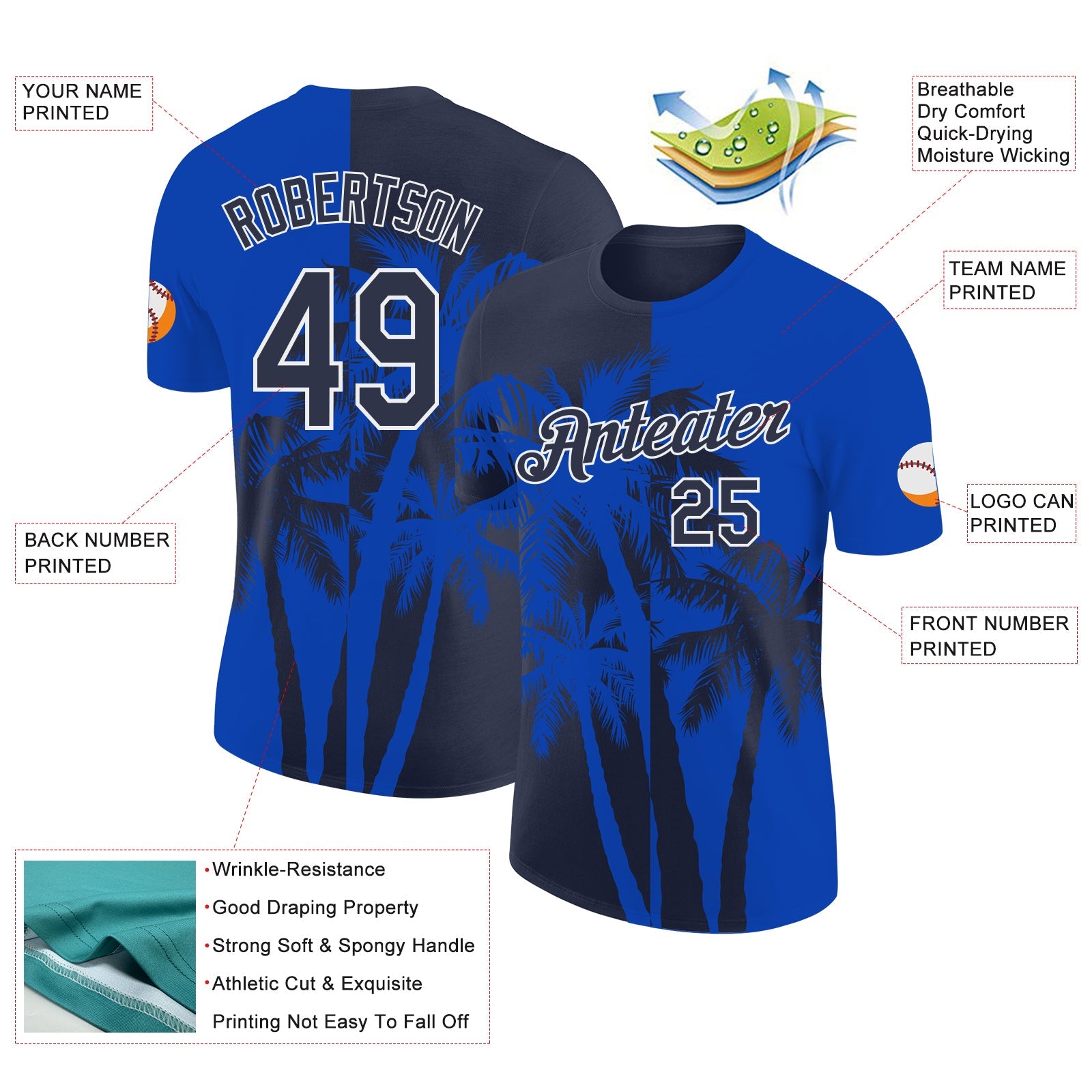 Custom Thunder Blue Navy-White Hawaii Tropical Coastal Palm Trees Performance T-Shirt view 2