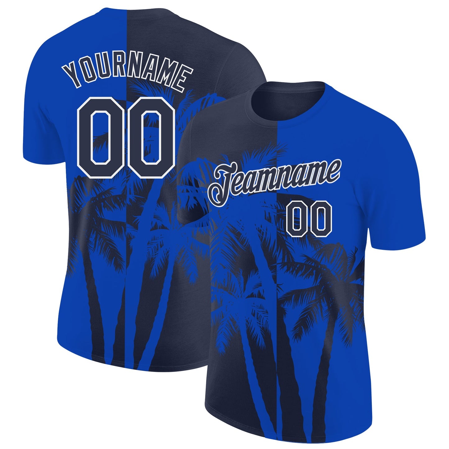 Custom Thunder Blue Navy-White Hawaii Tropical Coastal Palm Trees Performance T-Shirt - Main View