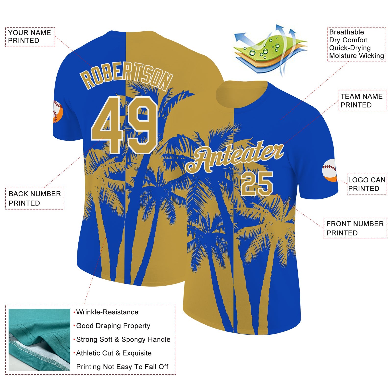 Custom Thunder Blue Old Gold-White Hawaii Tropical Coastal Palm Trees Performance T-Shirt view 2