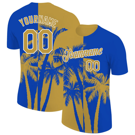Custom Thunder Blue Old Gold-White Hawaii Tropical Coastal Palm Trees Performance T-Shirt - Main View