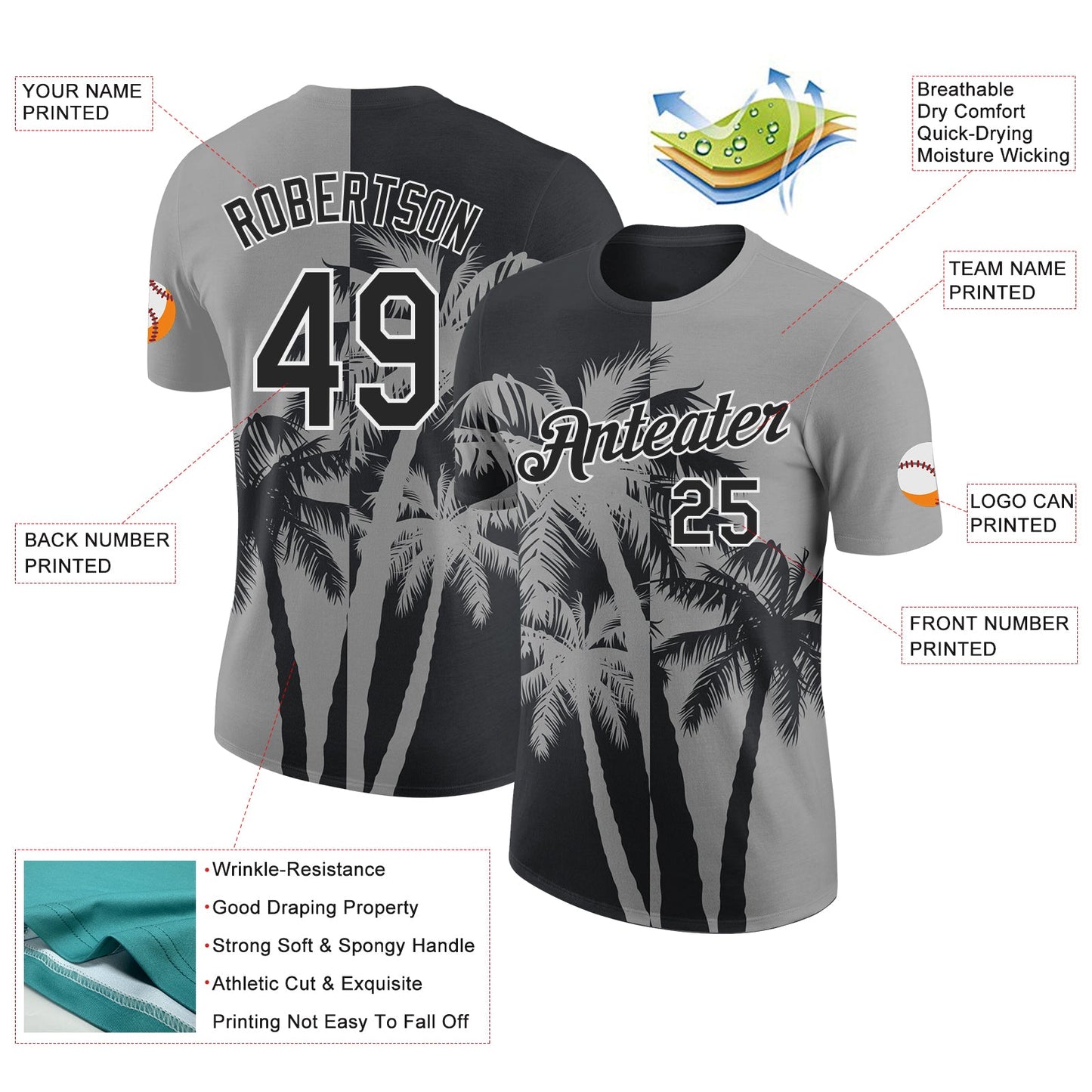 Custom Gray Black-White Hawaii Tropical Coastal Palm Trees Performance T-Shirt view 2
