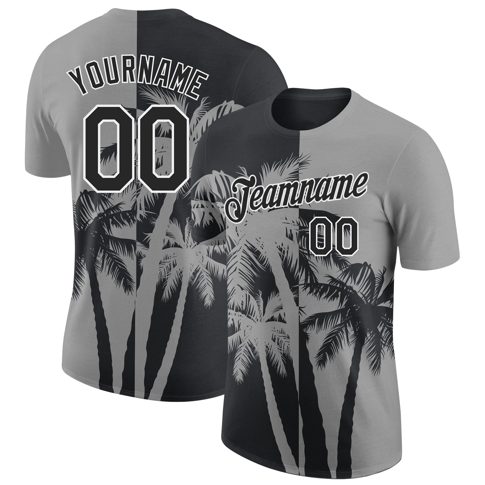 Custom Gray Black-White Hawaii Tropical Coastal Palm Trees Performance T-Shirt - Main View