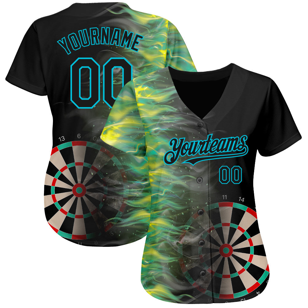 Custom Black Lakes Blue 3D Pattern Design Fiery Dart Board Authentic Baseball Jersey view 2