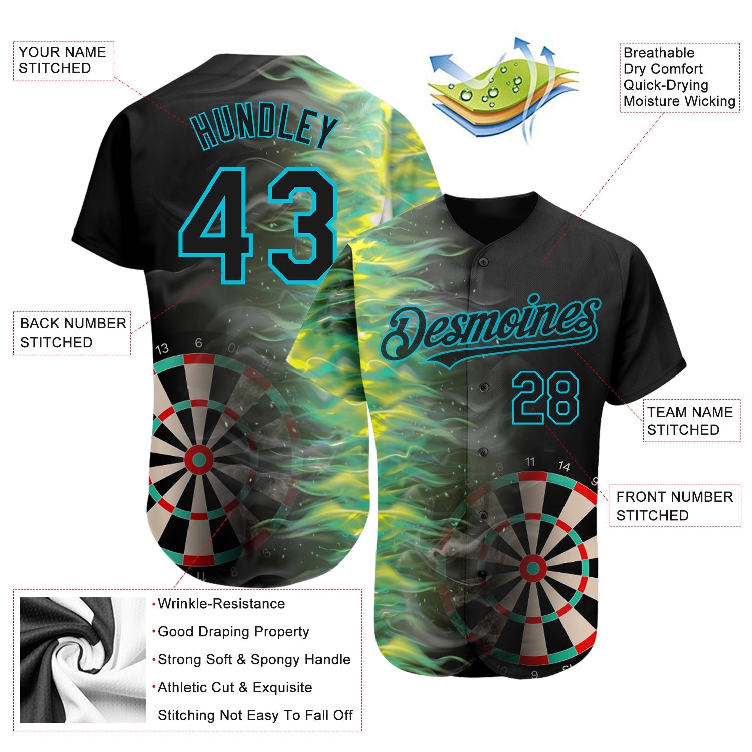 Custom Black Lakes Blue 3D Pattern Design Fiery Dart Board Authentic Baseball Jersey view 3