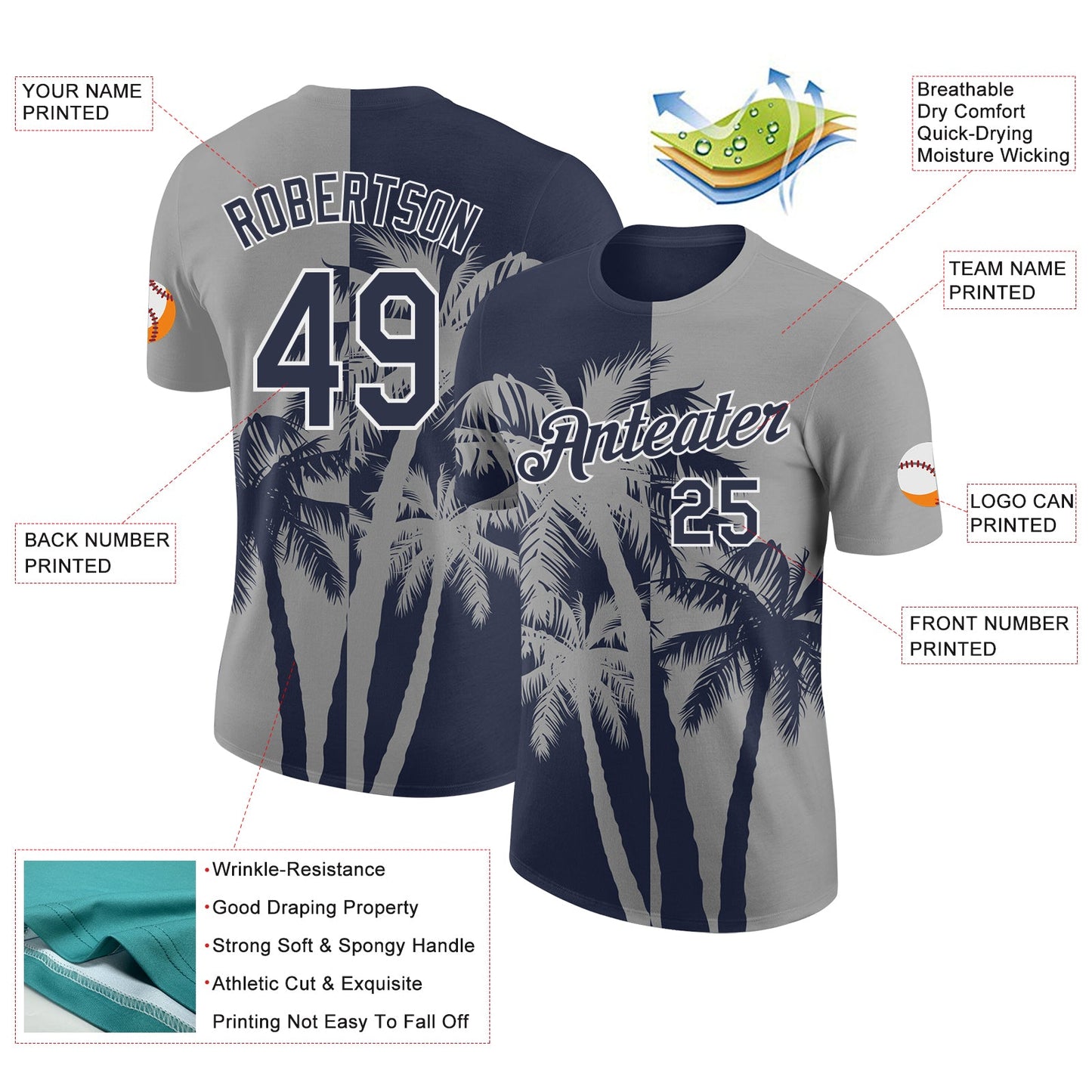 Custom Gray Navy-White Hawaii Tropical Coastal Palm Trees Performance T-Shirt view 2