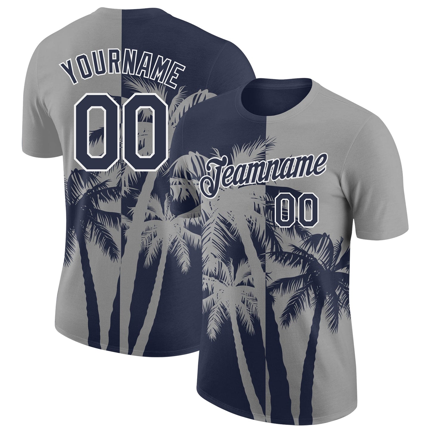 Custom Gray Navy-White Hawaii Tropical Coastal Palm Trees Performance T-Shirt - Main View