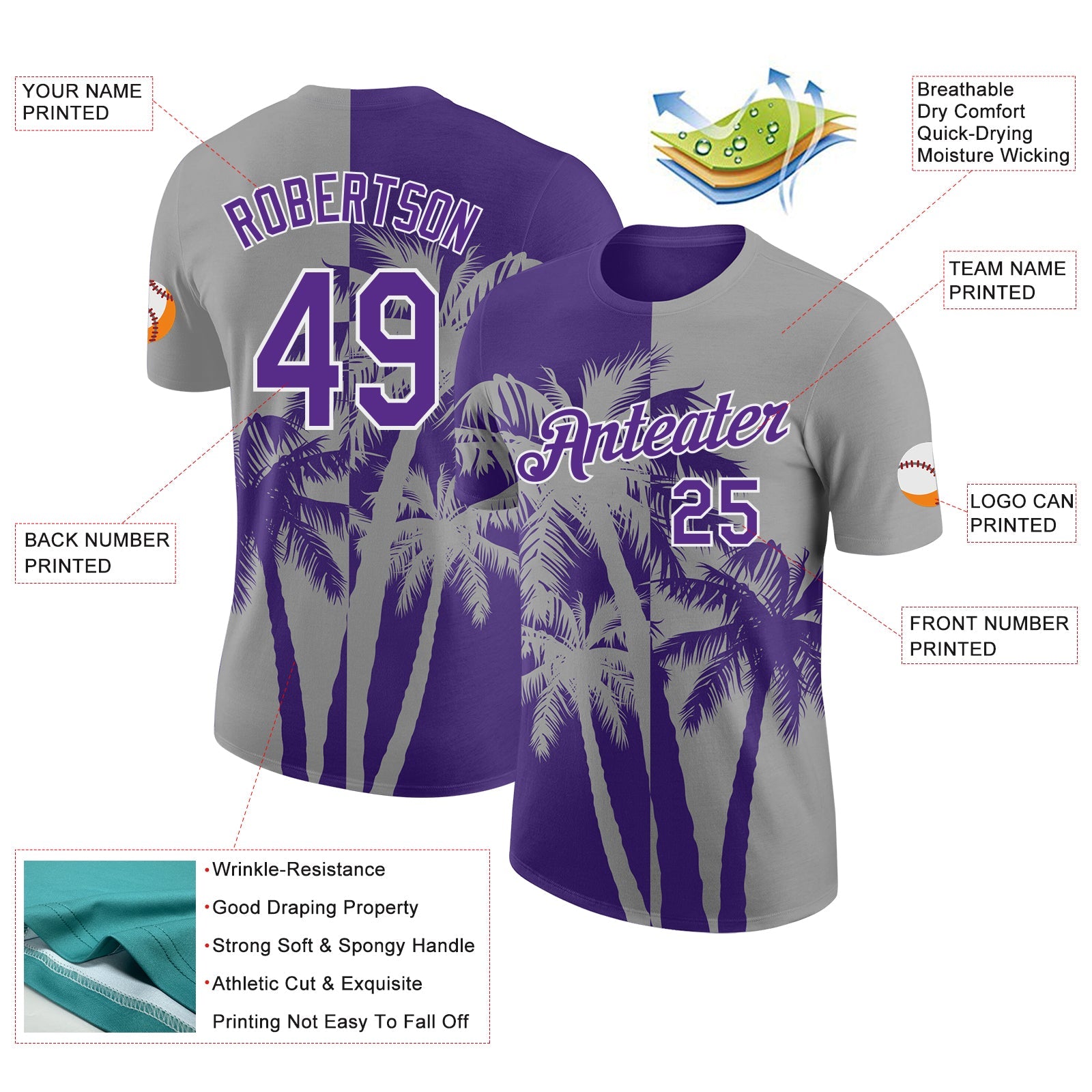 Custom Gray Purple-White Hawaii Tropical Coastal Palm Trees Performance T-Shirt view 2