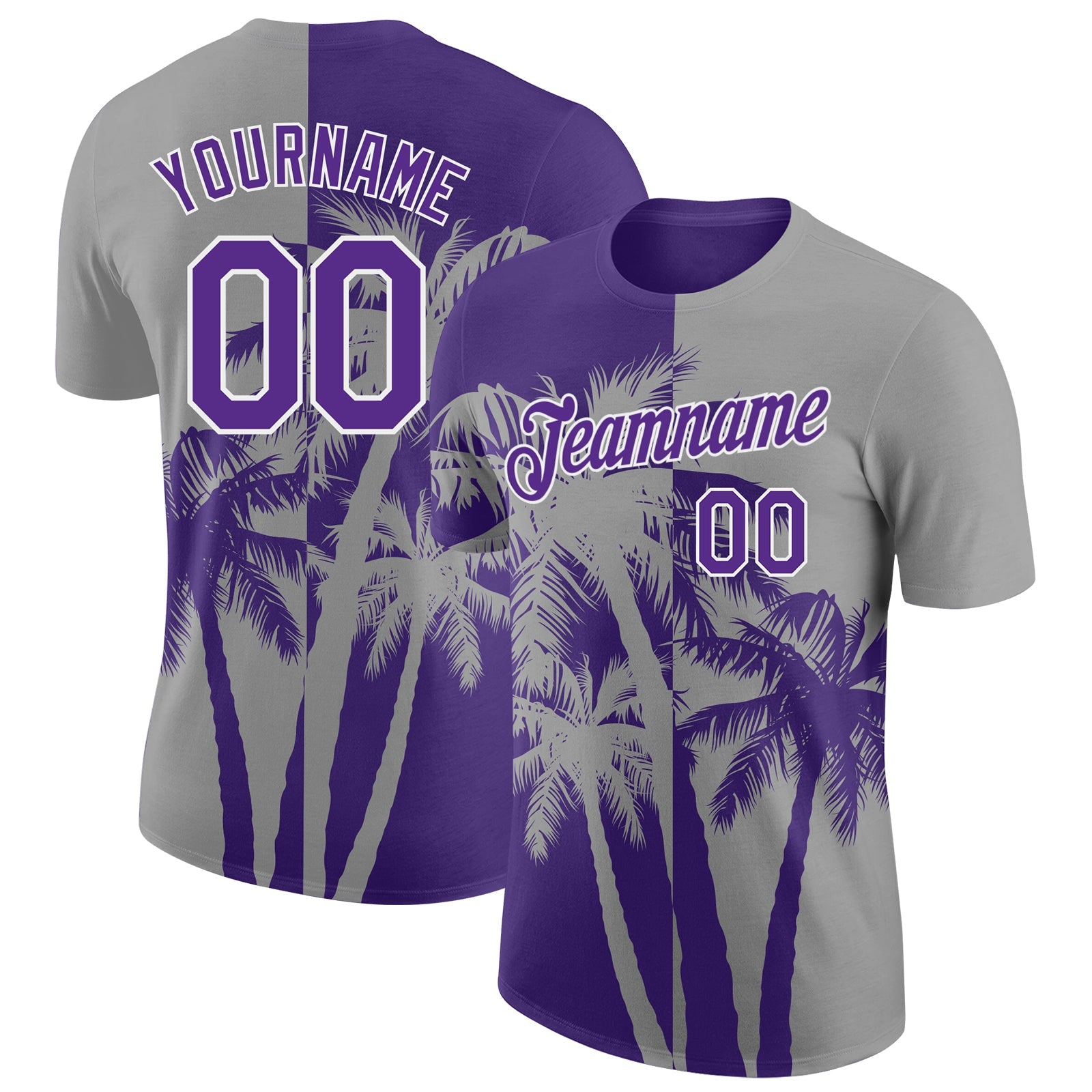 Custom Gray Purple-White Hawaii Tropical Coastal Palm Trees Performance T-Shirt - Main View