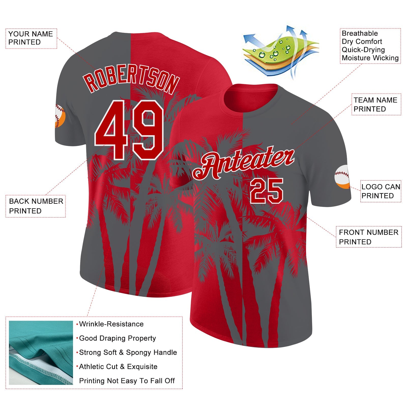 Custom Steel Gray Red-White Hawaii Tropical Coastal Palm Trees Performance T-Shirt view 2