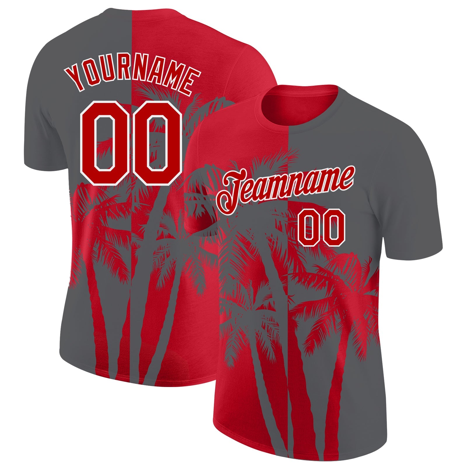 Custom Steel Gray Red-White Hawaii Tropical Coastal Palm Trees Performance T-Shirt - Main View