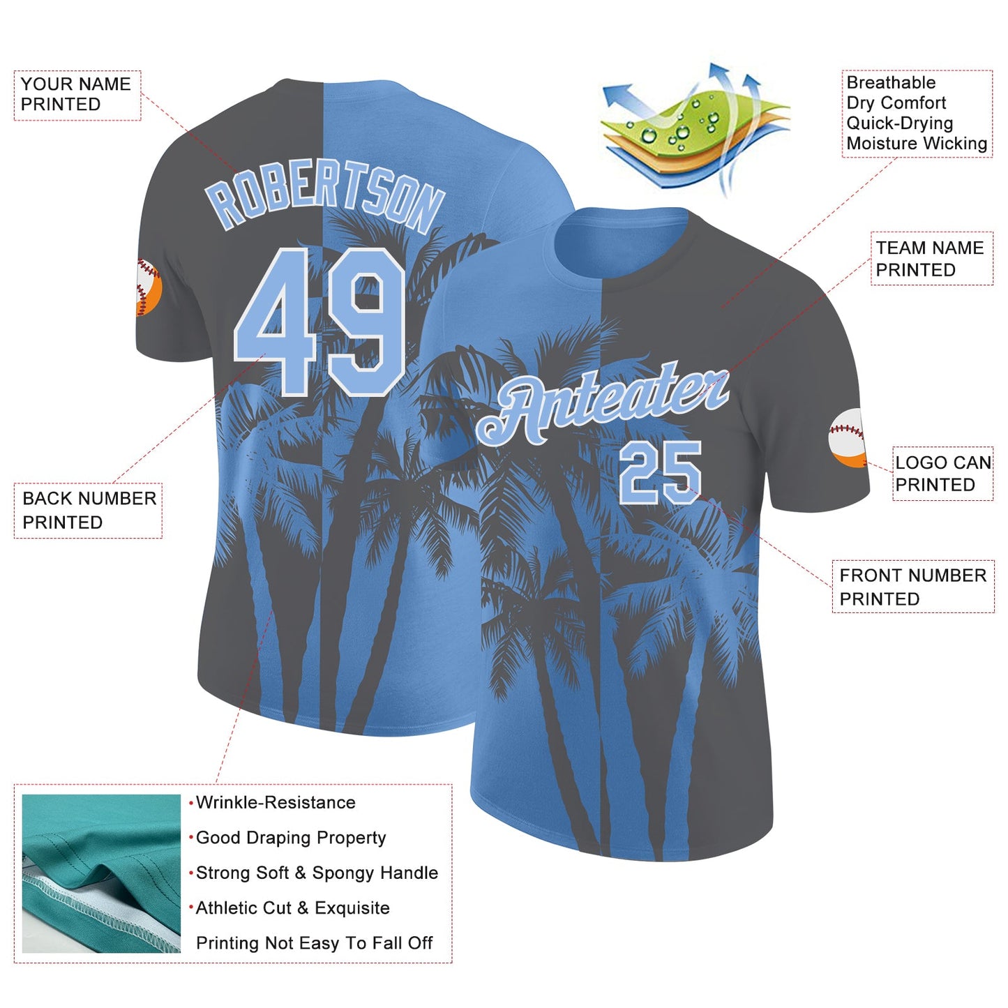 Custom Steel Gray Light Blue-White Hawaii Tropical Coastal Palm Trees Performance T-Shirt view 2