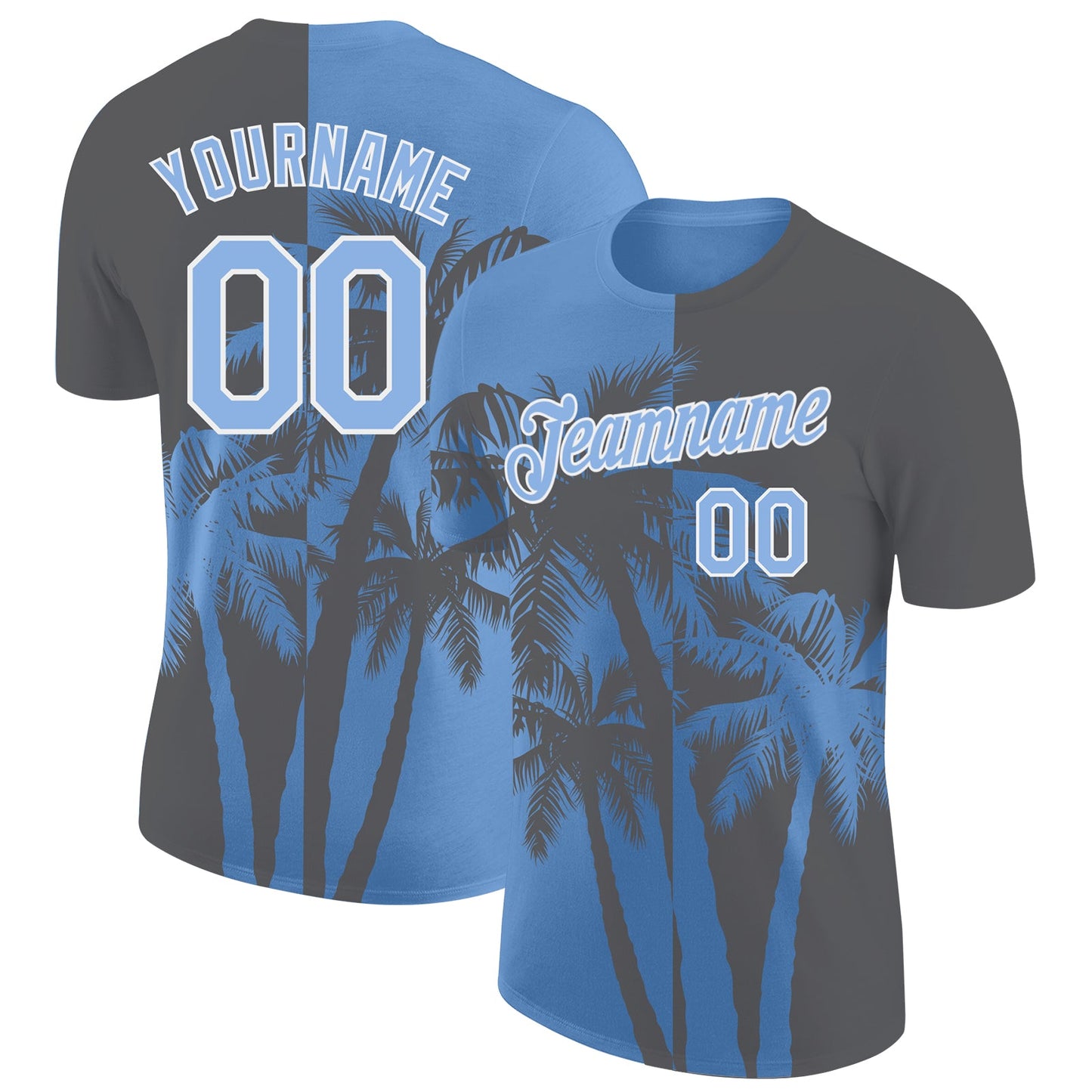 Custom Steel Gray Light Blue-White Hawaii Tropical Coastal Palm Trees Performance T-Shirt - Main View