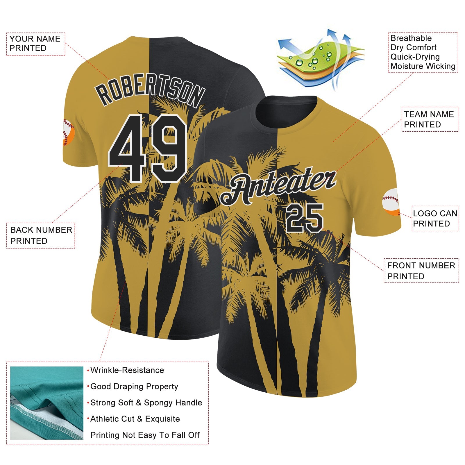 Custom Old Gold Black-White Hawaii Tropical Coastal Palm Trees Performance T-Shirt view 2