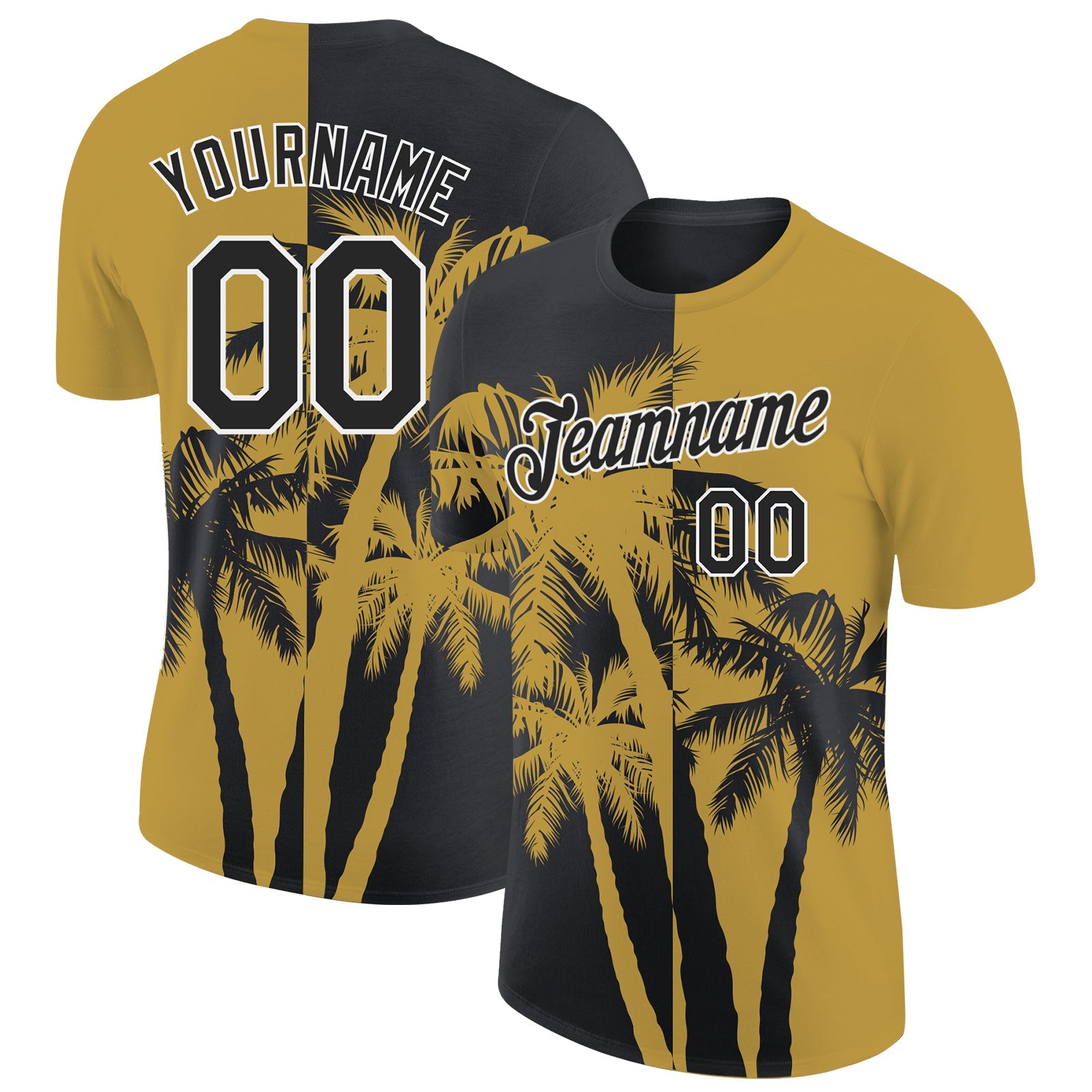 Custom Old Gold Black-White Hawaii Tropical Coastal Palm Trees Performance T-Shirt - Main View