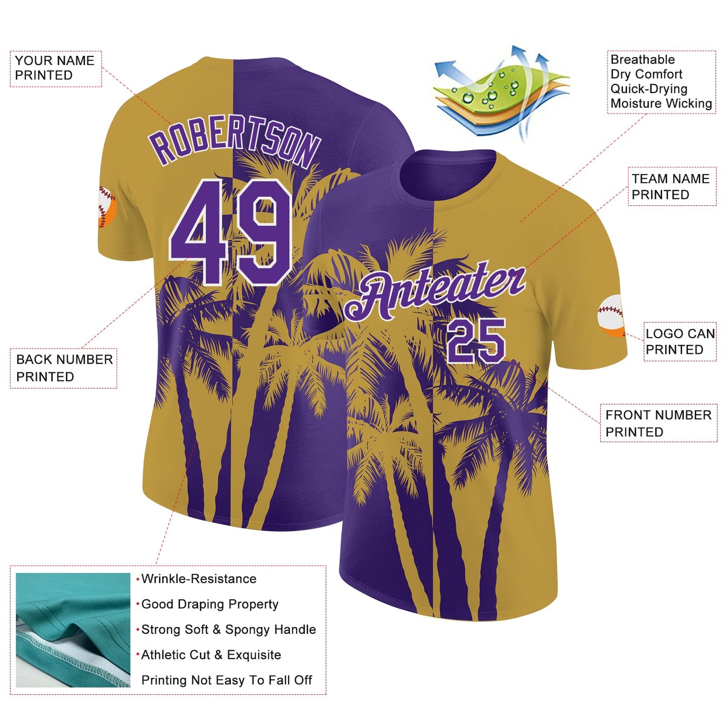Custom Old Gold Purple-White Hawaii Tropical Coastal Palm Trees Performance T-Shirt view 2