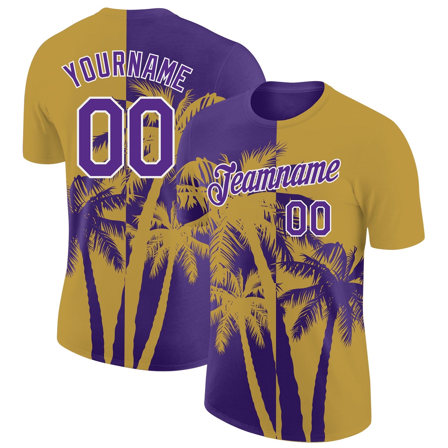 Custom Old Gold Purple-White Hawaii Tropical Coastal Palm Trees Performance T-Shirt - Main View