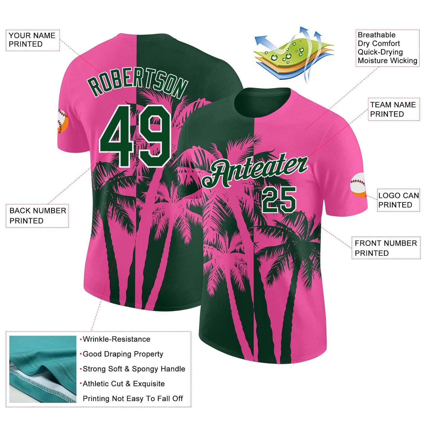 Custom Pink Green-White Hawaii Tropical Coastal Palm Trees Performance T-Shirt view 2