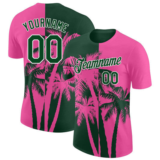 Custom Pink Green-White Hawaii Tropical Coastal Palm Trees Performance T-Shirt - Main View