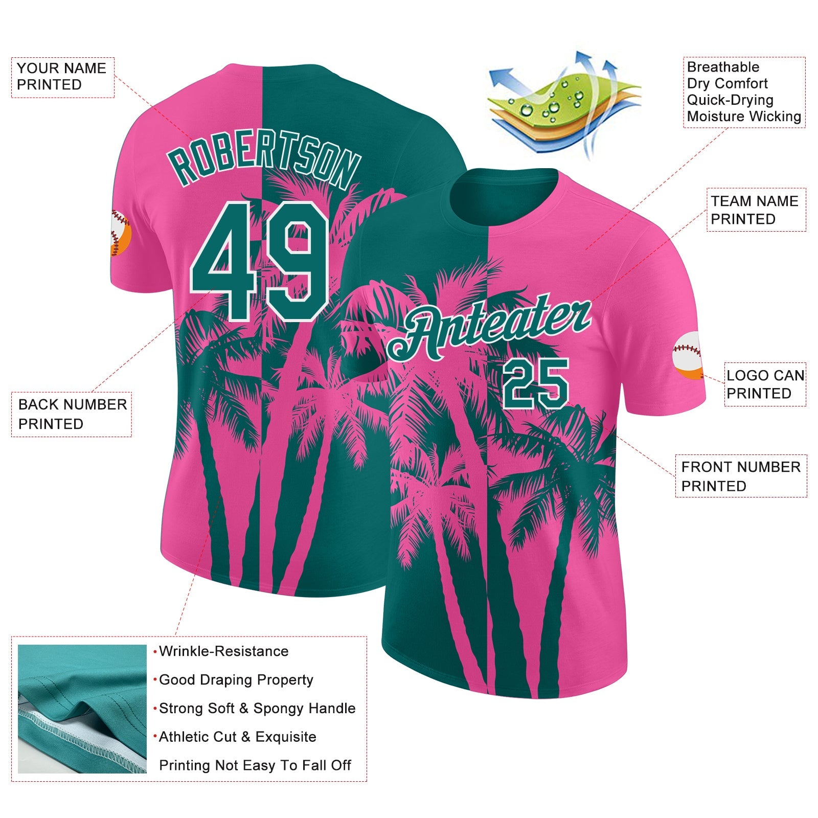 Custom Pink Teal-White Hawaii Tropical Coastal Palm Trees Performance T-Shirt view 2