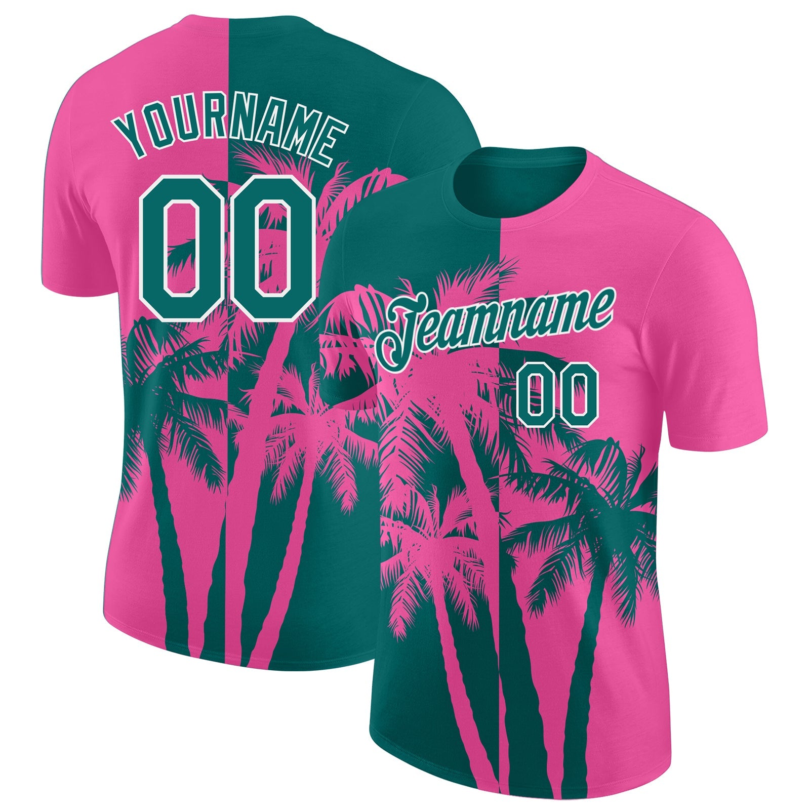Custom Pink Teal-White Hawaii Tropical Coastal Palm Trees Performance T-Shirt - Main View