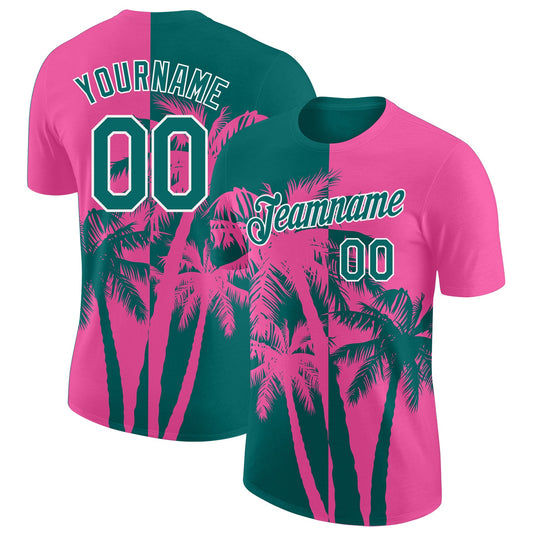 Custom Pink Teal-White Hawaii Tropical Coastal Palm Trees Performance T-Shirt - Main View