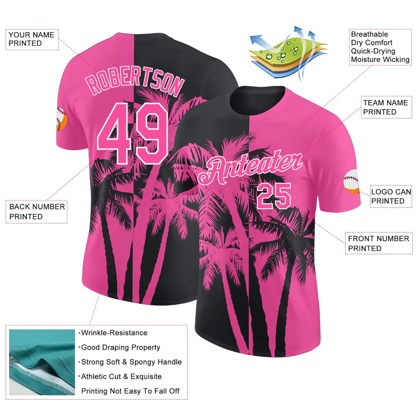 Custom Pink Black-White Hawaii Tropical Coastal Palm Trees Performance T-Shirt view 2