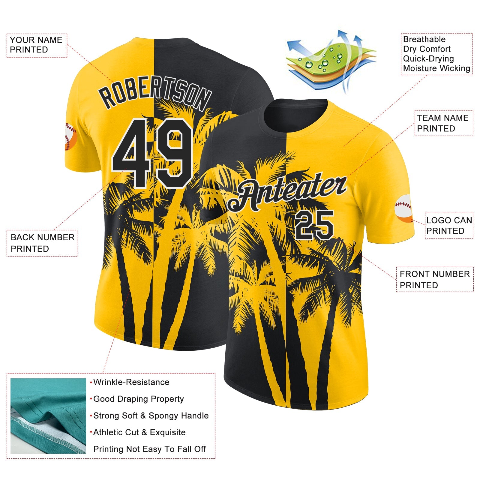 Custom Yellow Black-White Hawaii Tropical Coastal Palm Trees Performance T-Shirt view 2