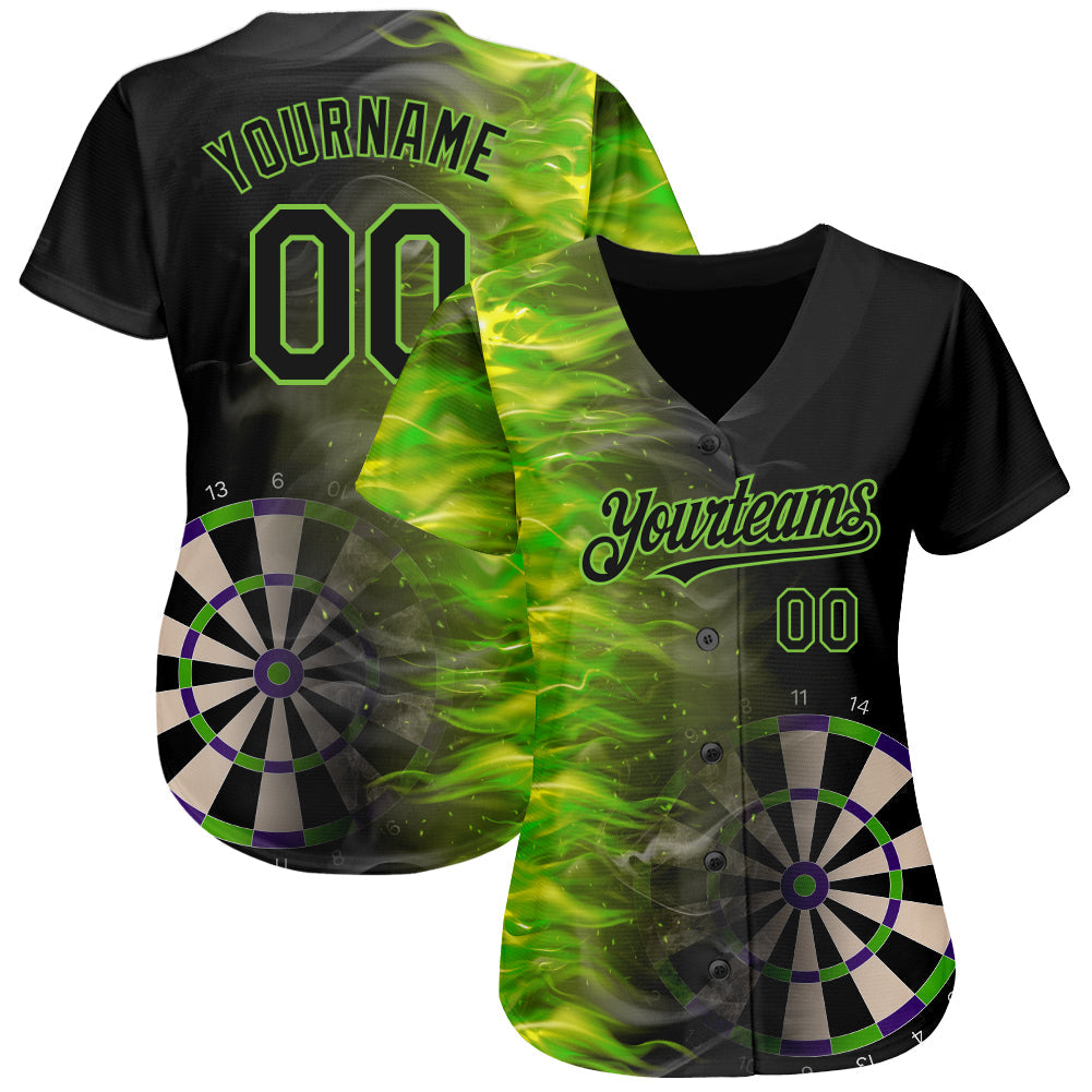 Custom Black Neon Green 3D Pattern Design Fiery Dart Board Authentic Baseball Jersey view 2