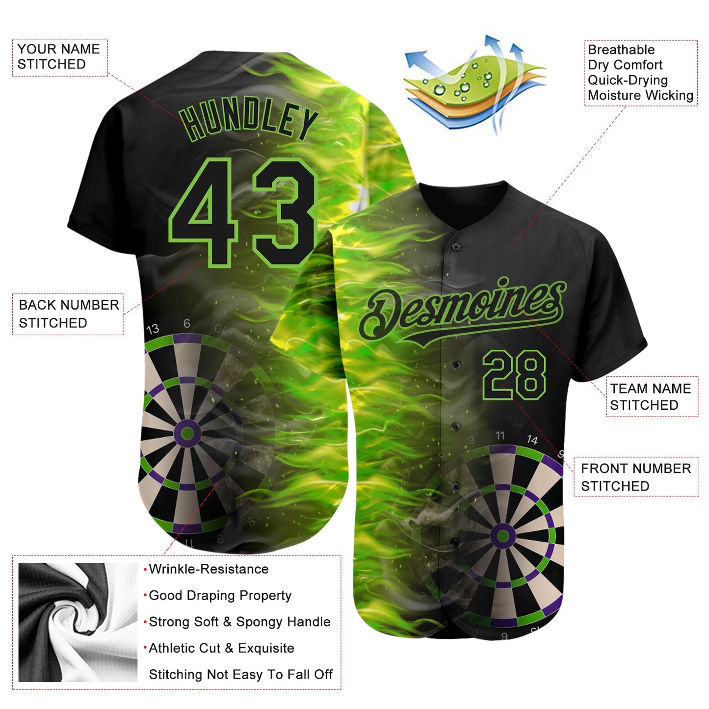 Custom Black Neon Green 3D Pattern Design Fiery Dart Board Authentic Baseball Jersey view 3