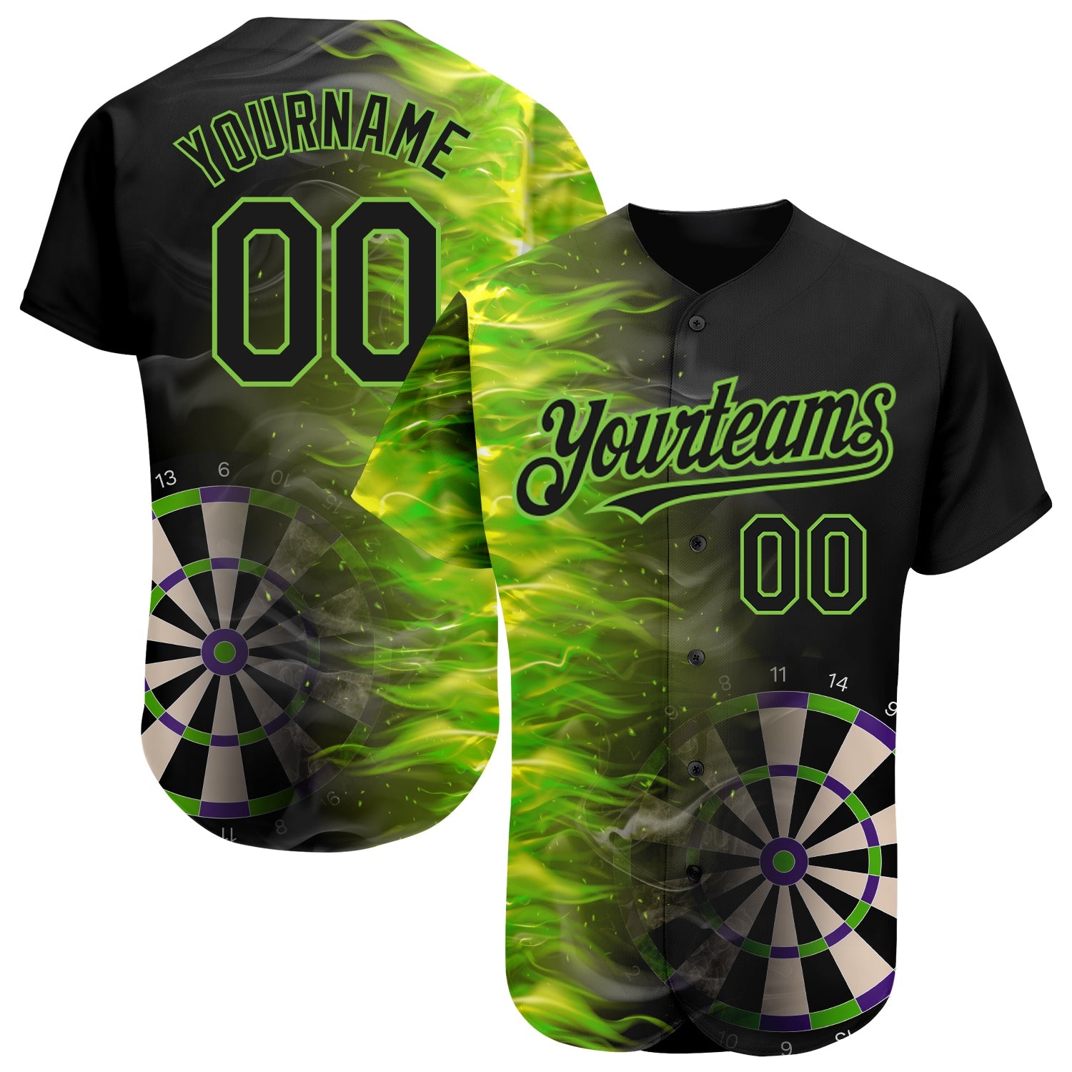 Custom Black Neon Green 3D Pattern Design Fiery Dart Board Authentic Baseball Jersey - Main View