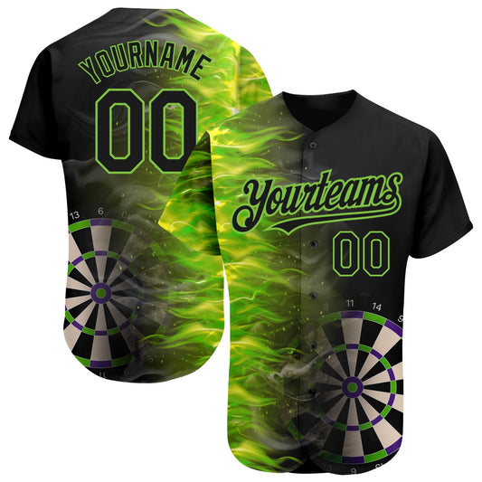 Custom Black Neon Green 3D Pattern Design Fiery Dart Board Authentic Baseball Jersey - Main View