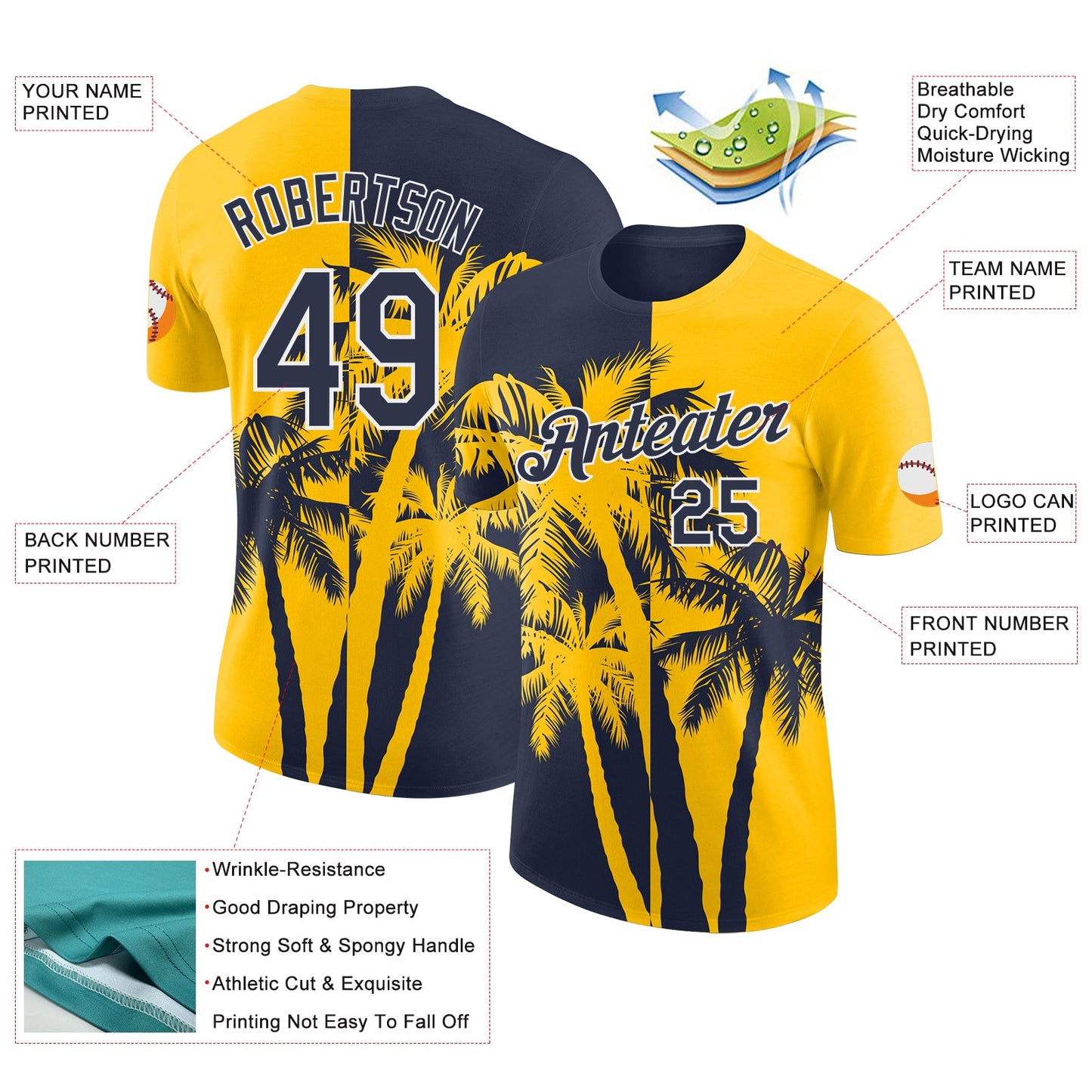 Custom Yellow Navy-White Hawaii Tropical Coastal Palm Trees Performance T-Shirt view 2