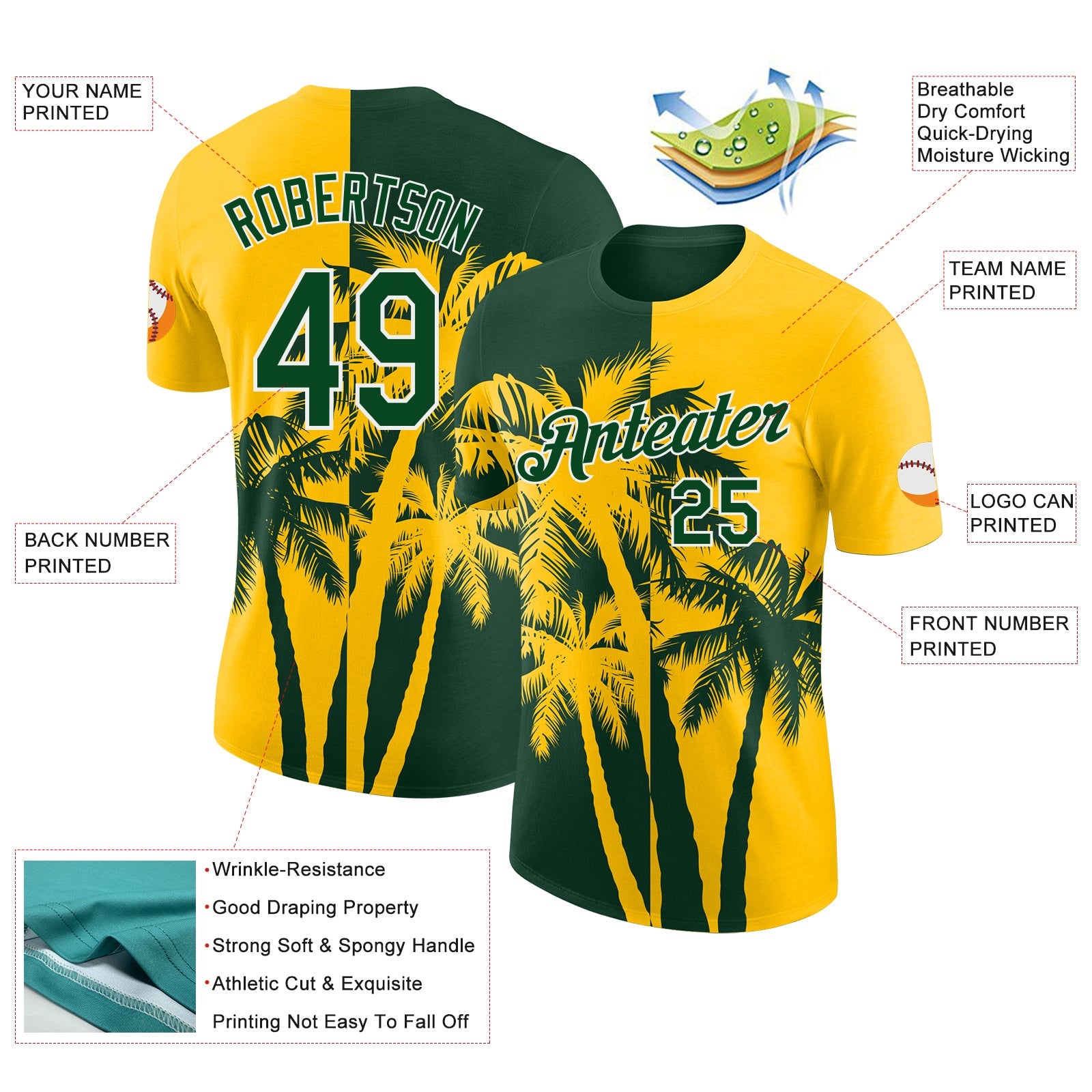 Custom Yellow Green-White Hawaii Tropical Coastal Palm Trees Performance T-Shirt view 2
