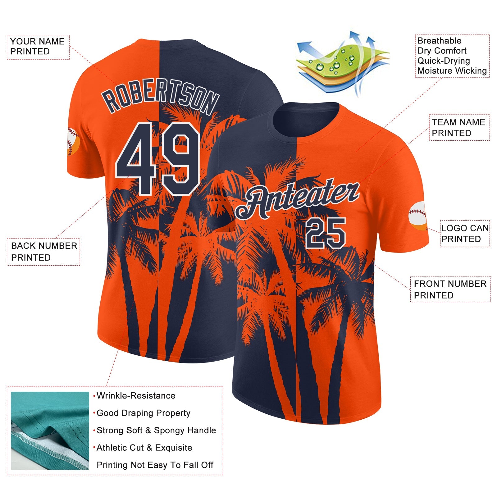 Custom Orange Navy-White Hawaii Tropical Coastal Palm Trees Performance T-Shirt view 2