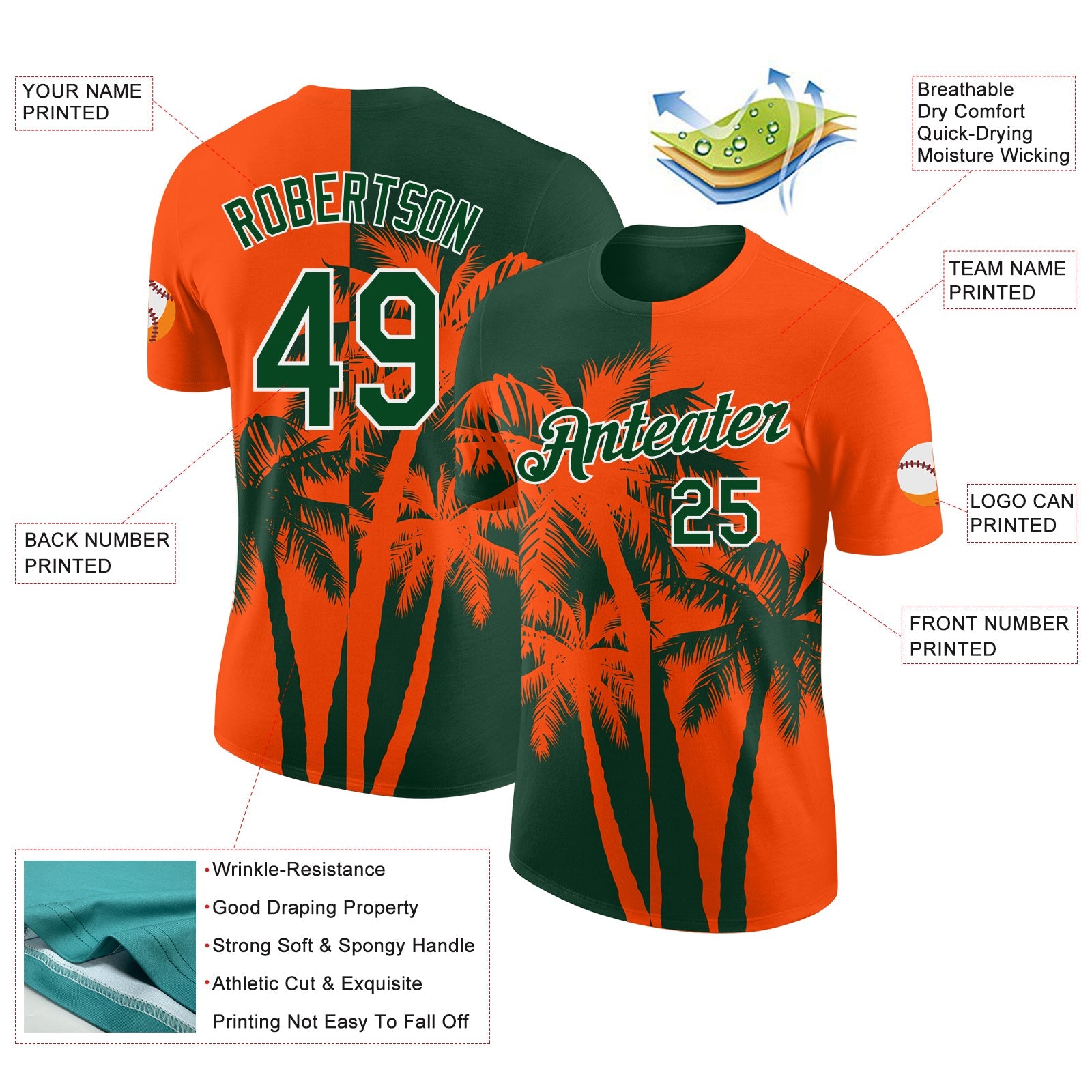 Custom Orange Green-White Hawaii Tropical Coastal Palm Trees Performance T-Shirt view 2