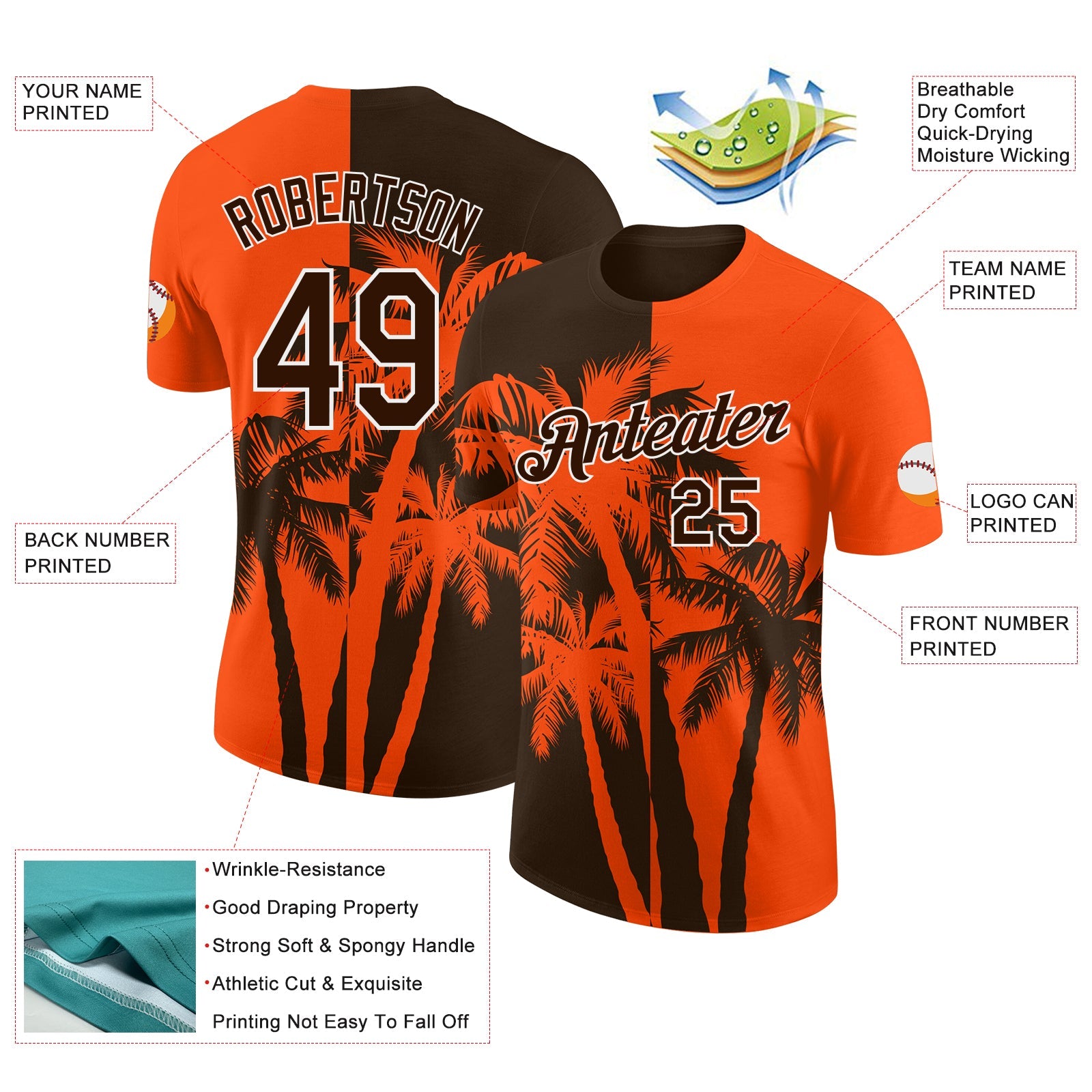 Custom Orange Brown-White Hawaii Tropical Coastal Palm Trees Performance T-Shirt view 2