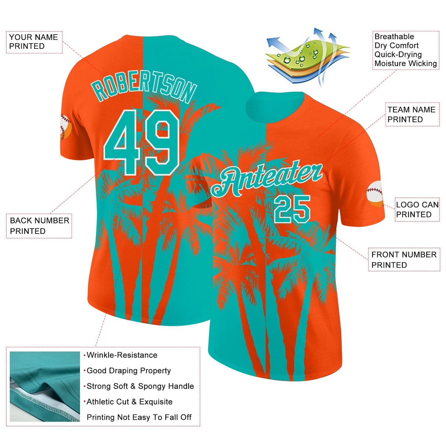 Custom Orange Aqua-White Hawaii Tropical Coastal Palm Trees Performance T-Shirt view 2