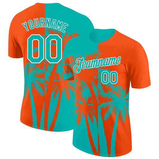 Custom Orange Aqua-White Hawaii Tropical Coastal Palm Trees Performance T-Shirt - Main View