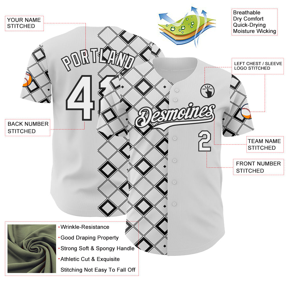 Custom White-Black Geometric Diamond Grid Rhombus Authentic Baseball Jersey view 3