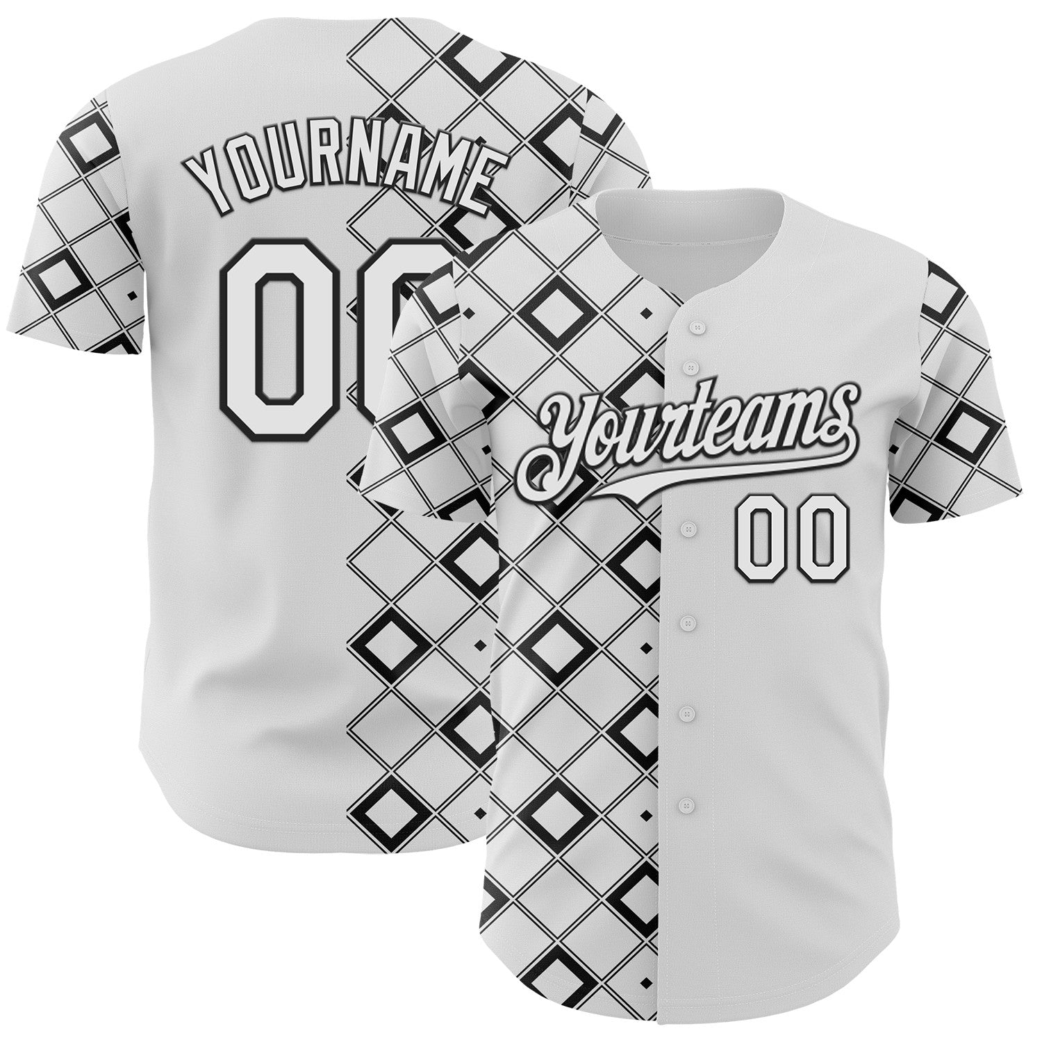 Custom White-Black Geometric Diamond Grid Rhombus Authentic Baseball Jersey - Main View