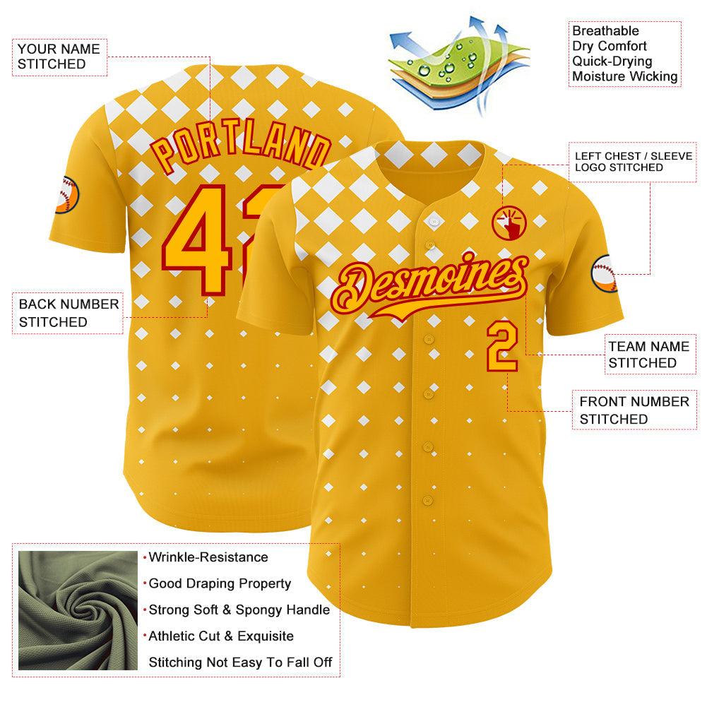 Custom Gold White-Red Geometric Diamond Grid Rhombus Authentic Baseball Jersey view 3