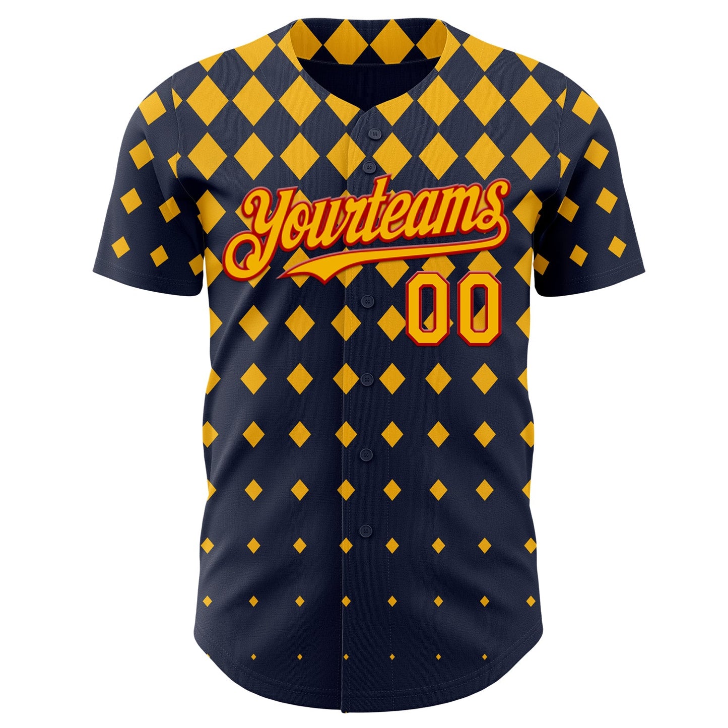 Custom Navy Gold-Red Geometric Diamond Grid Rhombus Authentic Baseball Jersey view 2