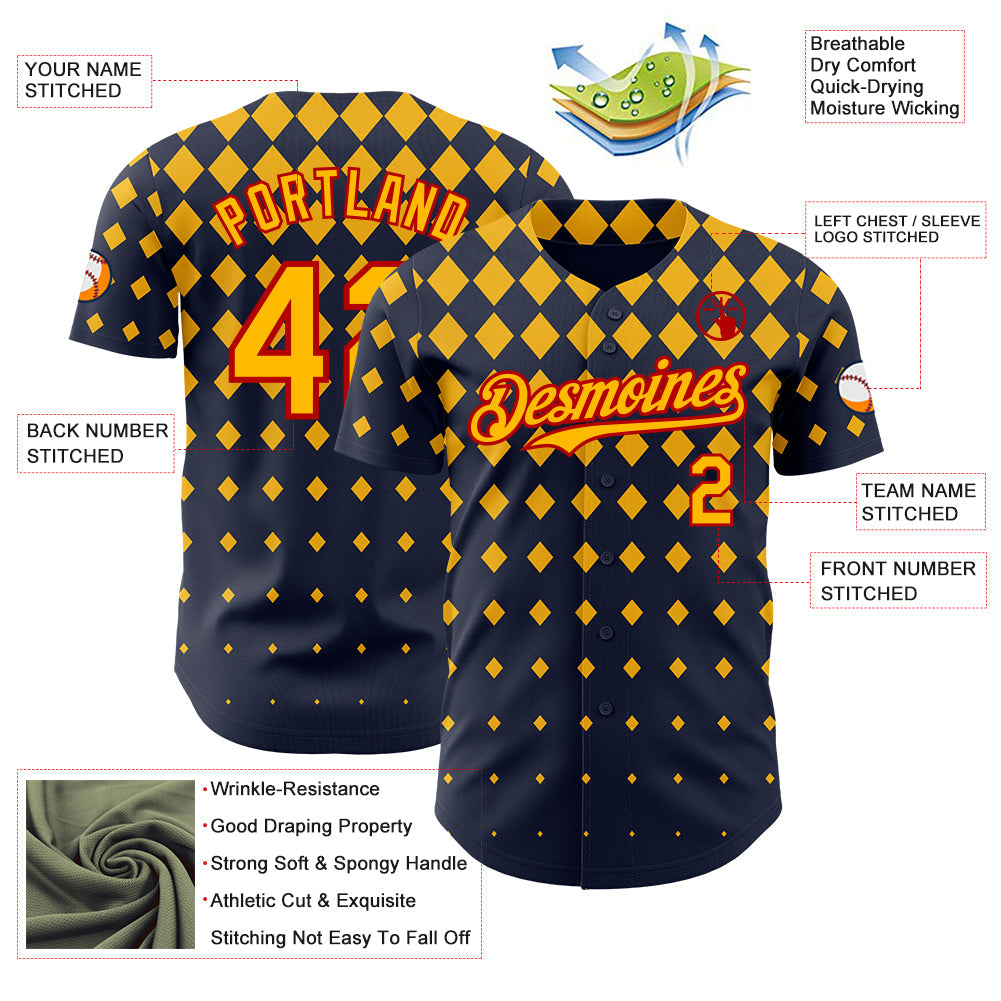Custom Navy Gold-Red Geometric Diamond Grid Rhombus Authentic Baseball Jersey view 3