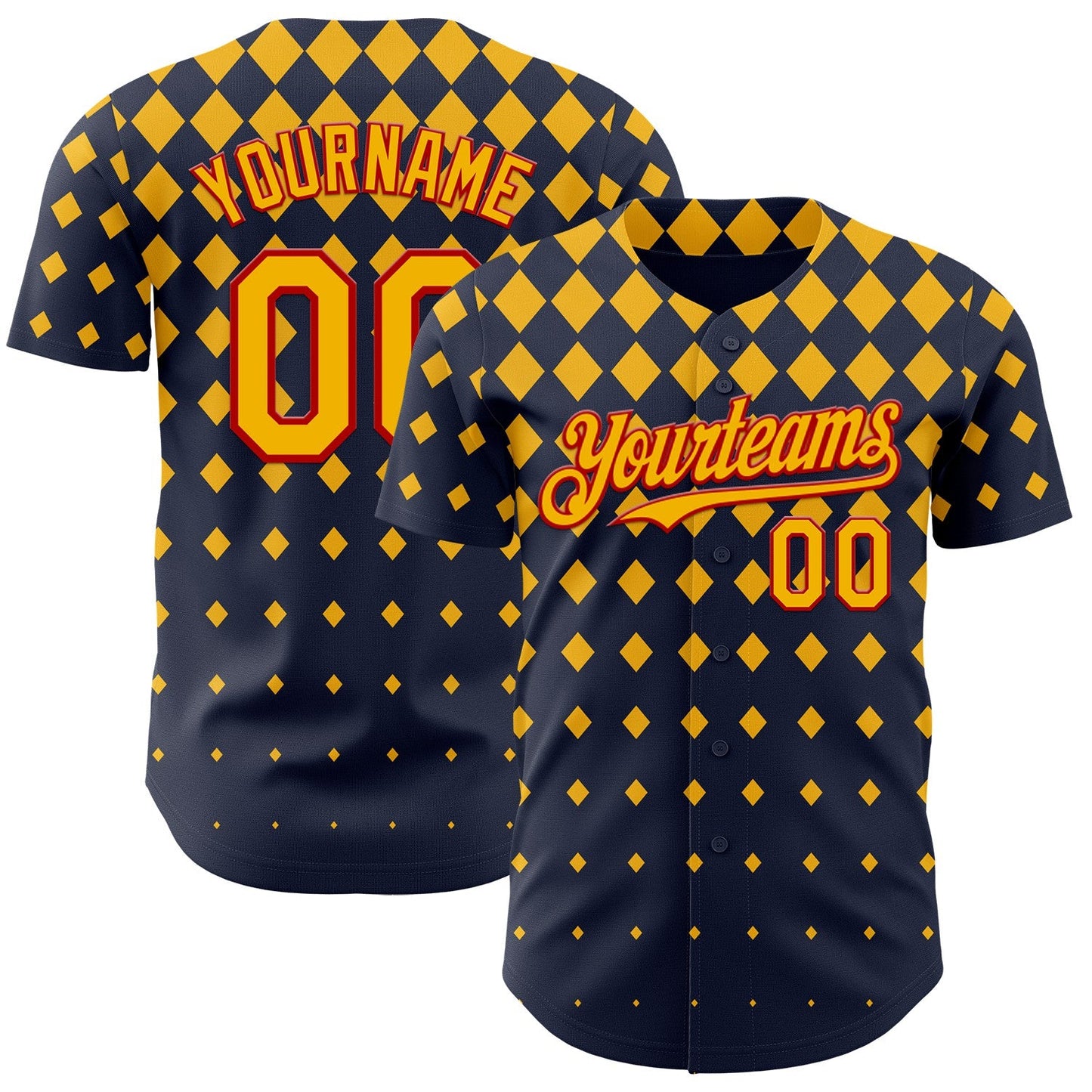 Custom Navy Gold-Red Geometric Diamond Grid Rhombus Authentic Baseball Jersey - Main View