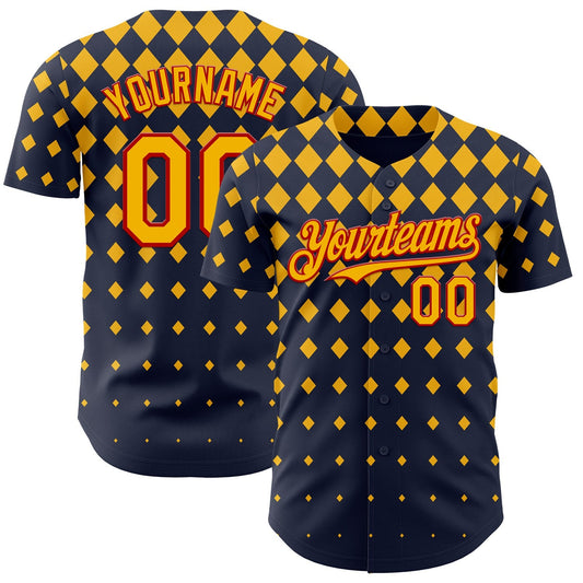 Custom Navy Gold-Red Geometric Diamond Grid Rhombus Authentic Baseball Jersey - Main View
